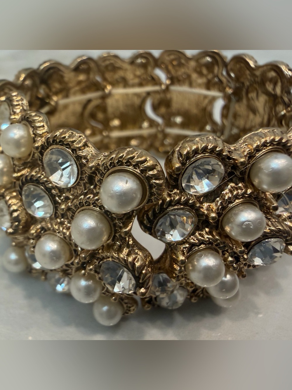 Vintage Gold Tone Faux Pearl & Rhinestone Statement Cuff Bracelet